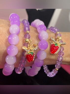 Purple Beaded Bracelet Set with Strawberry Charm - Women Jewelry